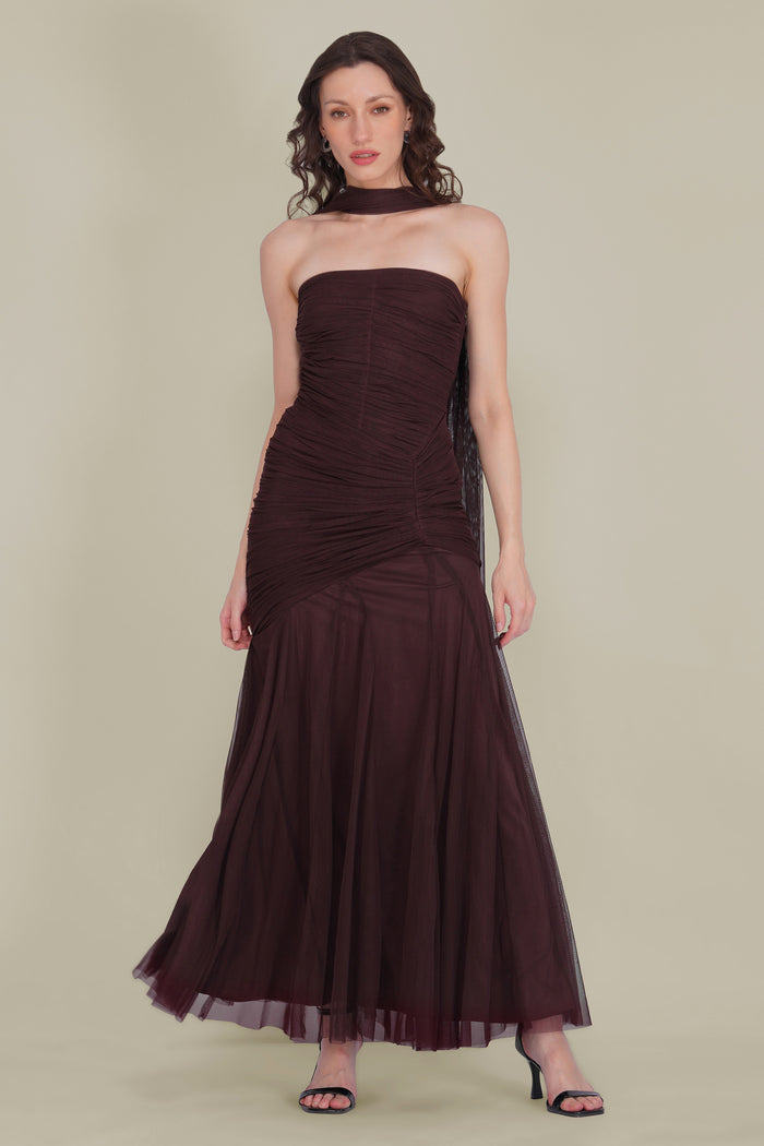 Kadie Strapless Tulle Maxi Dress in Chocolate Plum With Scarf