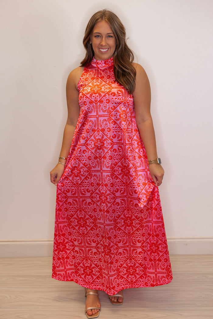 Women's pink and red floral print halter maxi dress by Karlie showing full view of floral pattern