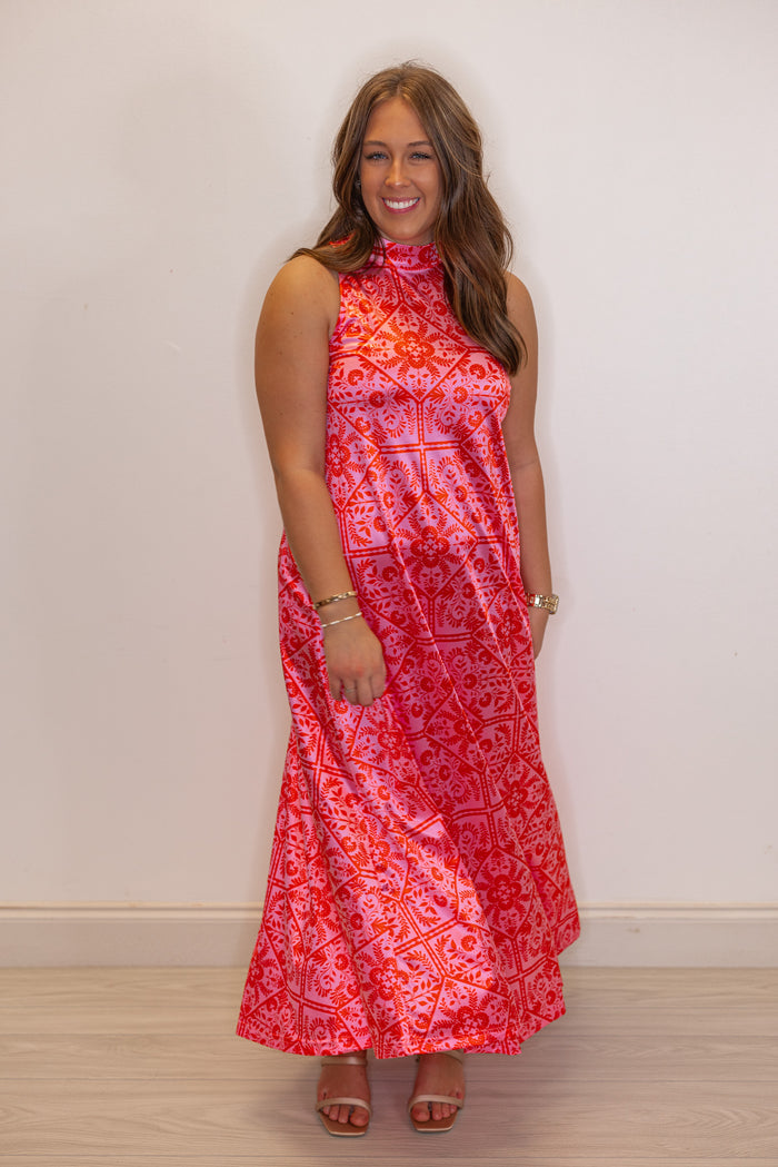 Women's dressy pink and red floral print halter maxi dress by Karlie