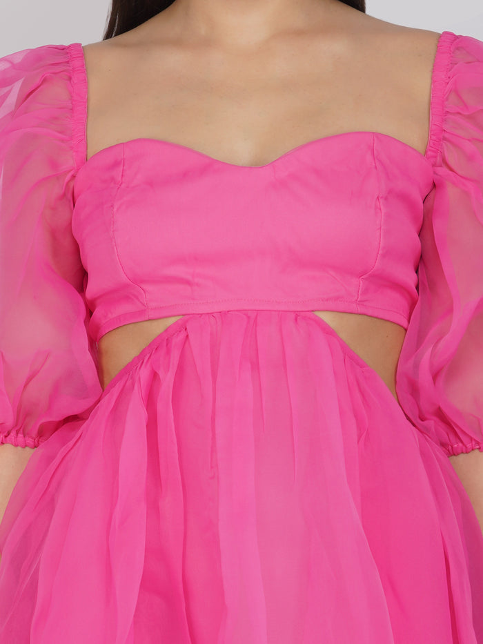 Katja Bright Pink Puff Sleeve Organza Dress