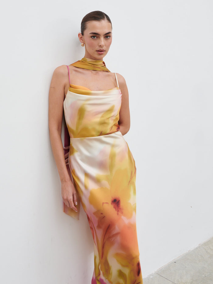 Katharina is 5'9" & Wears Size UK 8|Keisha Scarf Maxi Dress - Pink and Yellow Ochre Floral
