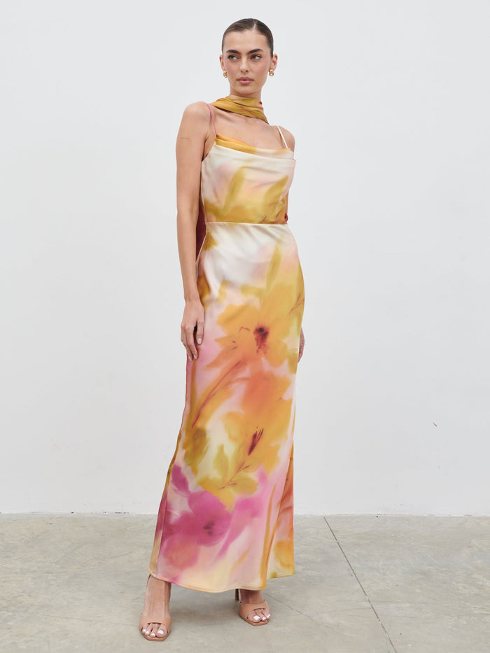 Katharina is 5'9" & Wears Size UK 8|Keisha Scarf Maxi Dress - Pink and Yellow Ochre Floral