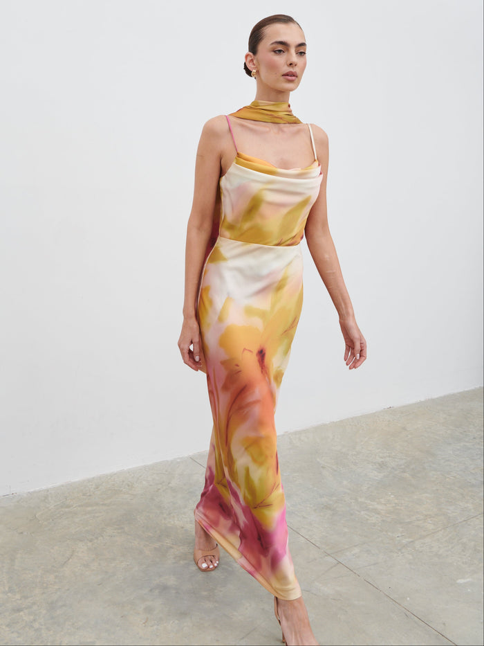 Katharina is 5'9" & Wears Size UK 8|Keisha Scarf Maxi Dress - Pink and Yellow Ochre Floral