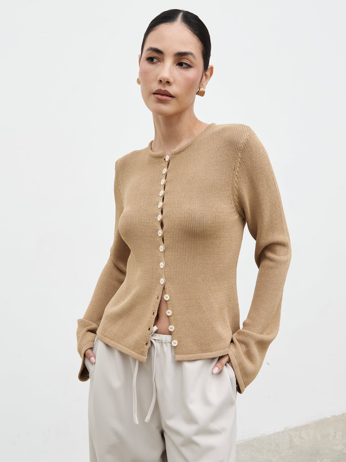 Veronica is 5'8" & Wears Size UK XS|Kendall Rustic Button Down Knit Top - Tan