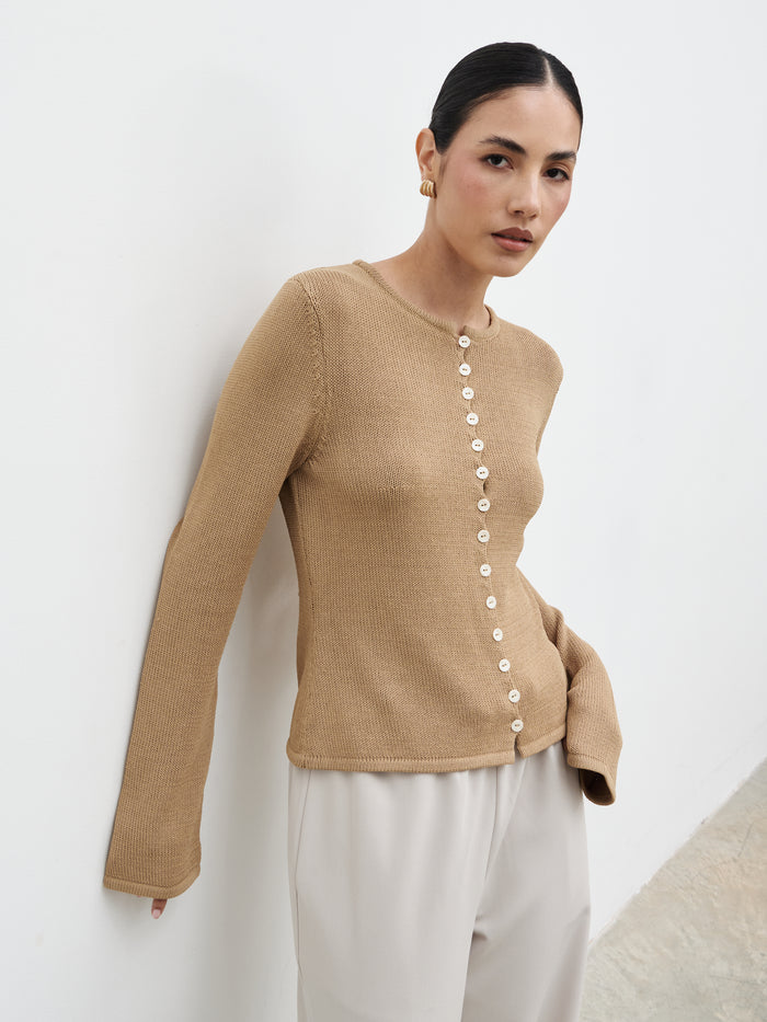 Veronica is 5'8" & Wears Size UK XS|Kendall Rustic Button Down Knit Top - Tan
