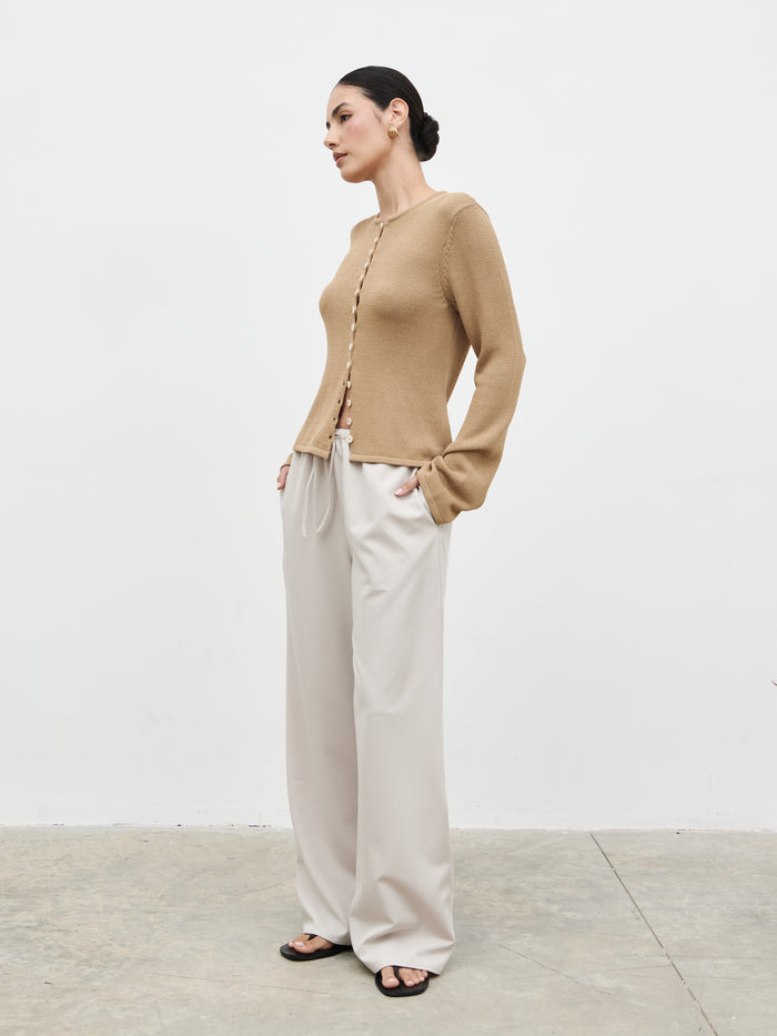 Veronica is 5'8" & Wears Size UK XS|Kendall Rustic Button Down Knit Top - Tan
