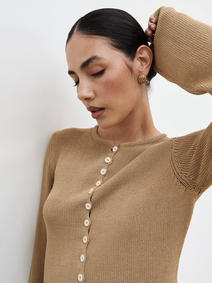 Veronica is 5'8" & Wears Size UK XS|Kendall Rustic Button Down Knit Top - Tan