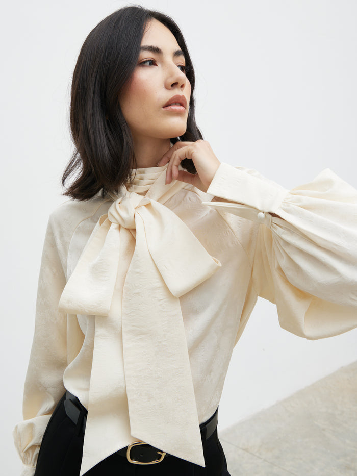 Veronica is 5'8" & Wears Size UK 6|Kesia Jacquard Bow Blouse - Cream
