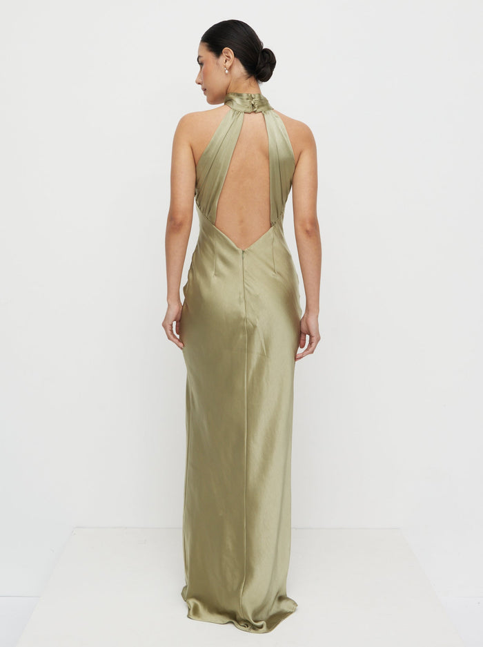 Veronica is 5'8" & Wears Size UK 6|Kiara Satin Maxi Dress - Olive