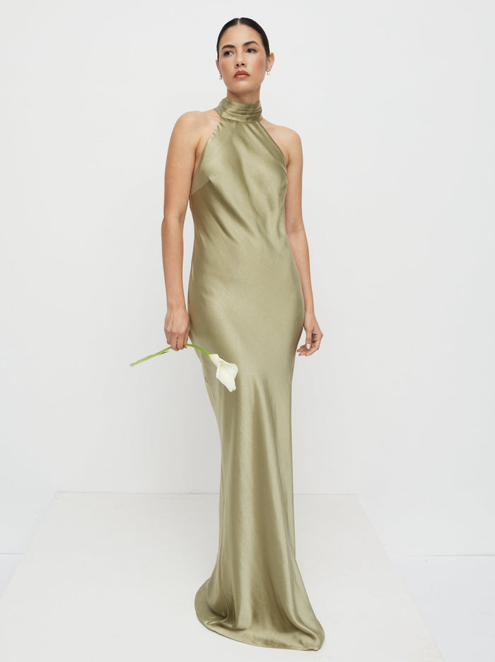 Veronica is 5'8" & Wears Size UK 6|Kiara Satin Maxi Dress - Olive