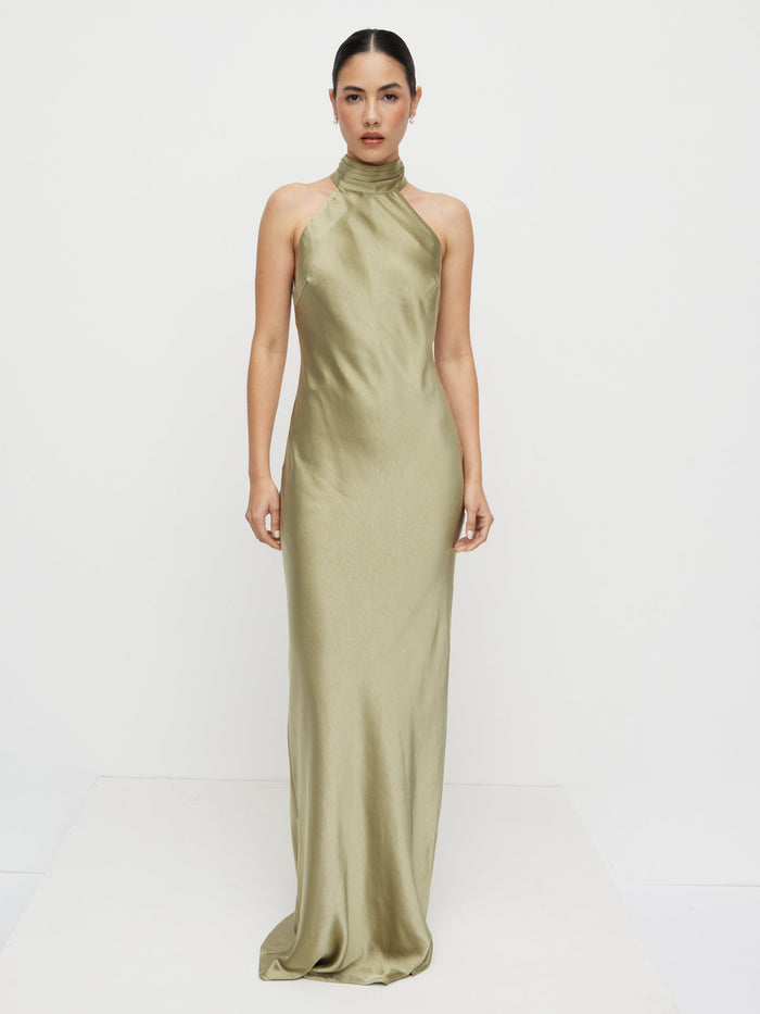 Veronica is 5'8" & Wears Size UK 6|Kiara Satin Maxi Dress - Olive