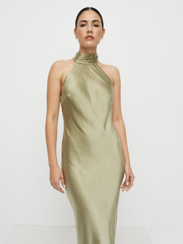 Veronica is 5'8" & Wears Size UK 6|Kiara Satin Maxi Dress - Olive