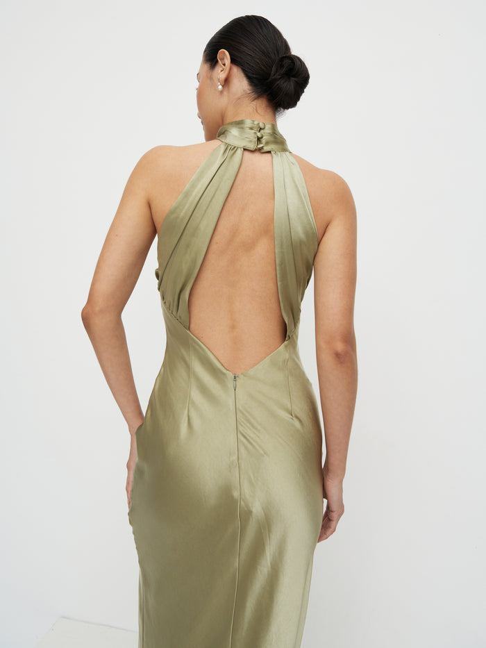 Veronica is 5'8" & Wears Size UK 6|Kiara Satin Maxi Dress - Olive