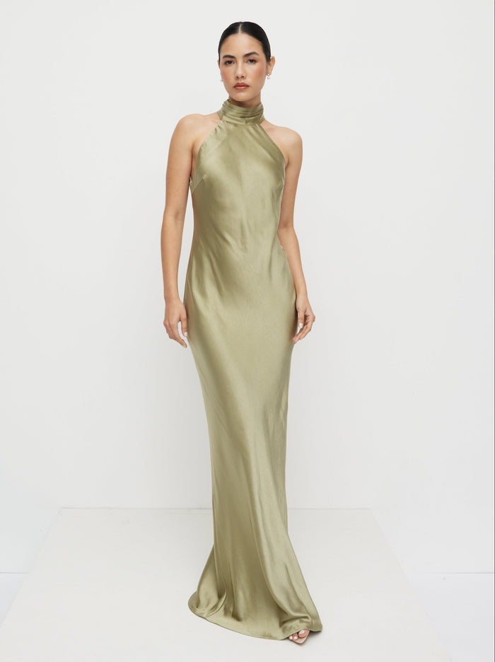 Veronica is 5'8" & Wears Size UK 6|Kiara Satin Maxi Dress - Olive