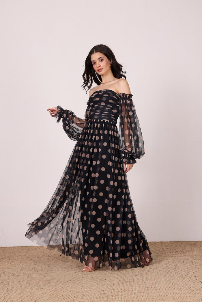 Lana Maxi Dress in Black and Beige Polka Dot