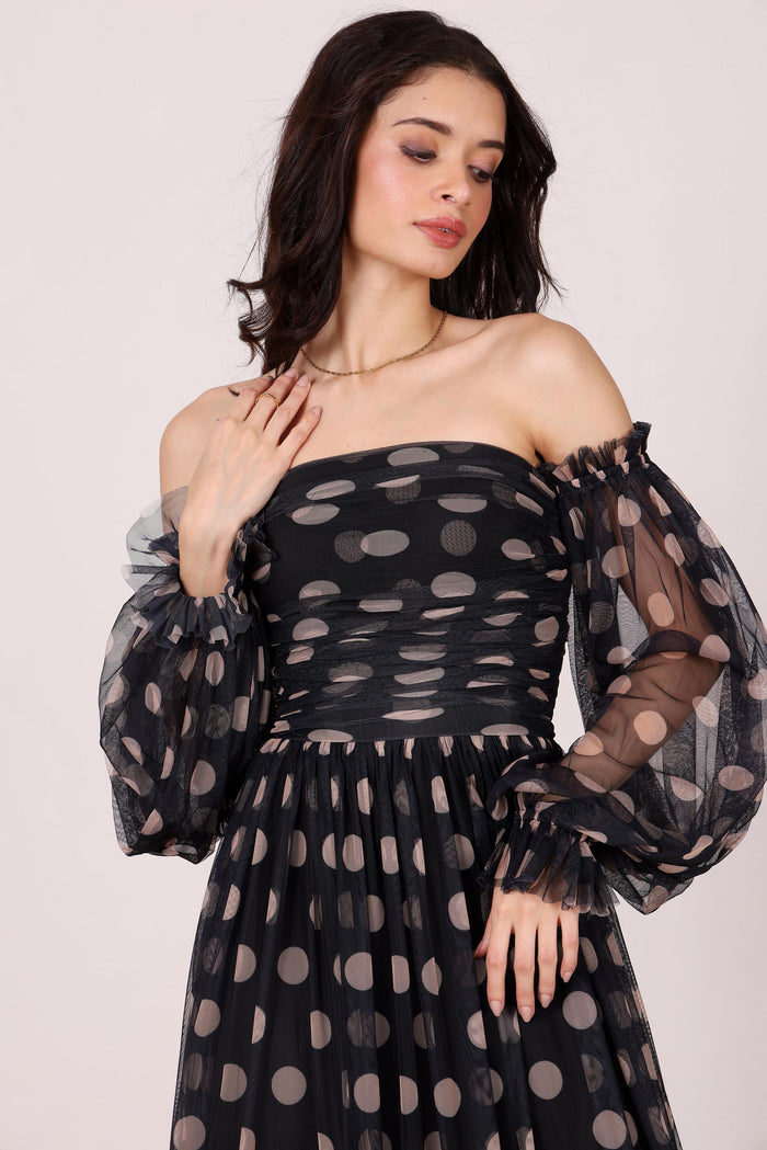 Lana Maxi Dress in Black and Beige Polka Dot