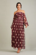 Off shoulder billowing long sleeves a-line rouched bodice a-line tulle mesh maxi dress brown beige polka dot
