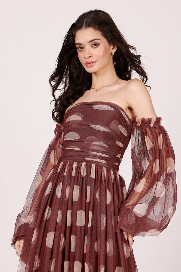 Lana Maxi Dress in Mahogany Brown and Beige Polka Dot