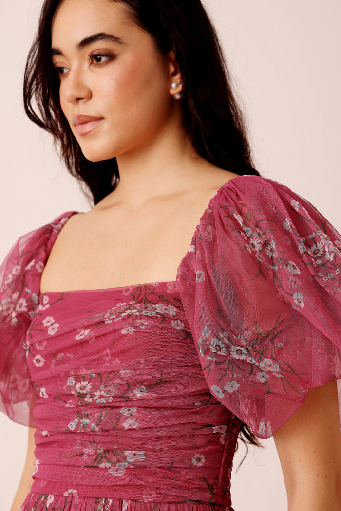 Lana Puff Sleeve Tulle Maxi Dress in Orchid Floral