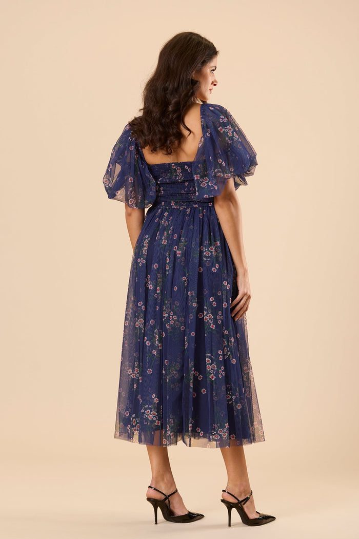Lana Puff Sleeve Tulle Midi Dress in Navy Floral