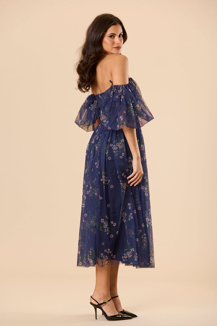 Lana Puff Sleeve Tulle Midi Dress in Navy Floral