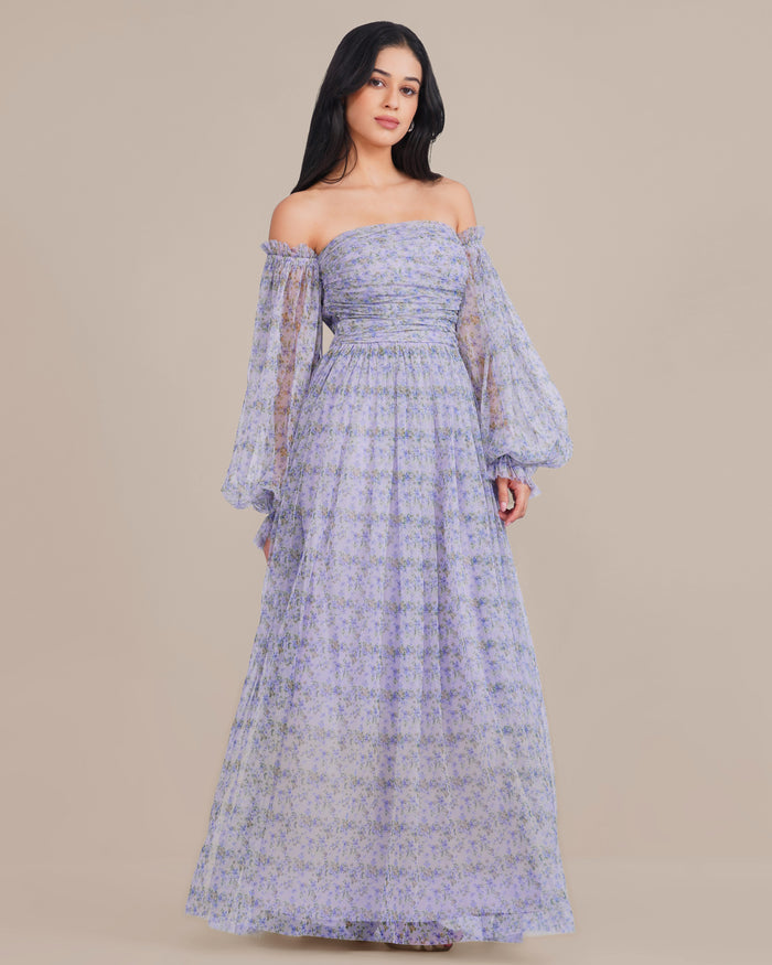 Lana Tulle Maxi Dress in Ditsy Lilac Print
