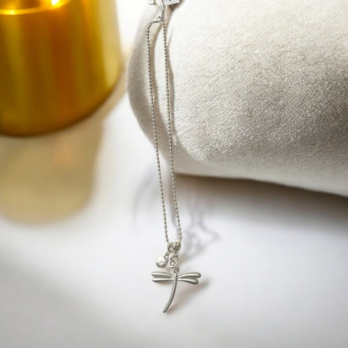 Large Silver Dragonfly & Disc Necklace