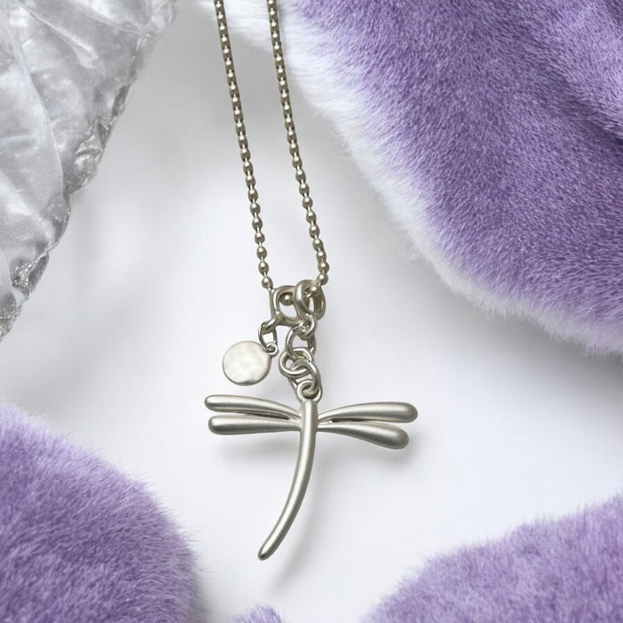 Large Silver Dragonfly & Disc Necklace