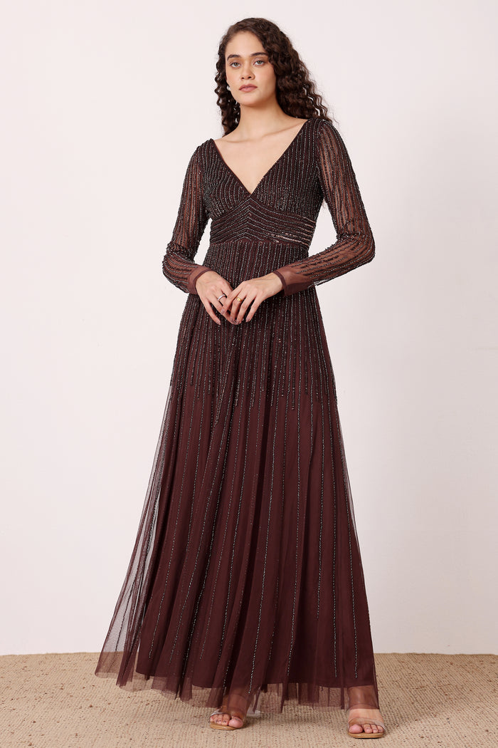 Embellished sequin beaded long sleeve plunging neckline chocolate brown formal maxi dress