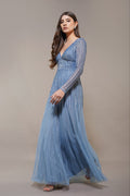 Long Sleeve Embellished Sequin Plunging V Neck Light Blue Maxi Dress