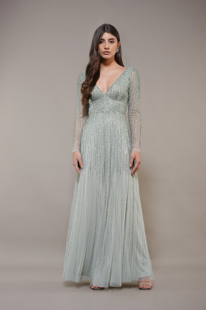 Maxi Embellished Long-sleeve occasion wedding guest dress green sage