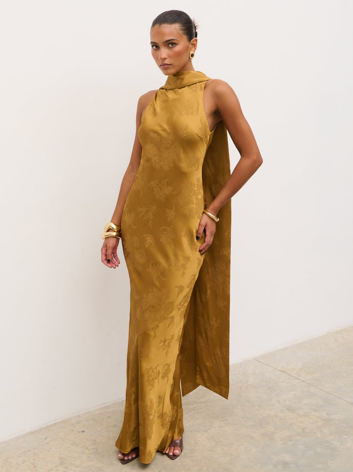 Tina is 5'6" & Wears Size UK 8|Lethe Drape Scarf Jacquard Maxi Dress - Dark Honey