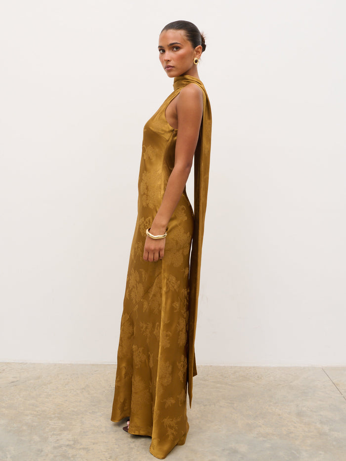 Tina is 5'6" & Wears Size UK 8|Lethe Drape Scarf Jacquard Maxi Dress - Dark Honey