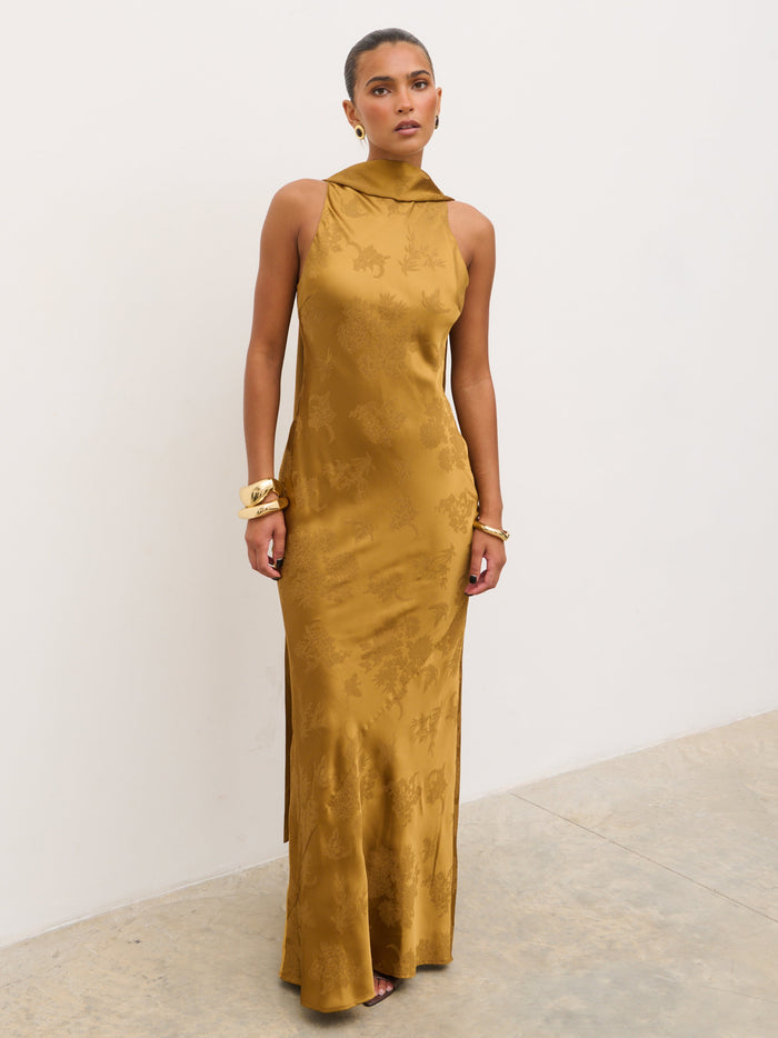 Tina is 5'6" & Wears Size UK 8|Lethe Drape Scarf Jacquard Maxi Dress - Dark Honey
