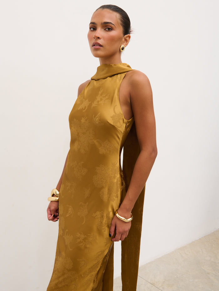 Tina is 5'6" & Wears Size UK 8|Lethe Drape Scarf Jacquard Maxi Dress - Dark Honey