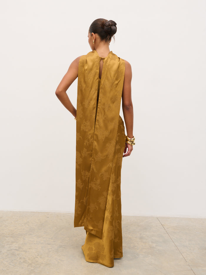 Tina is 5'6" & Wears Size UK 8|Lethe Drape Scarf Jacquard Maxi Dress - Dark Honey