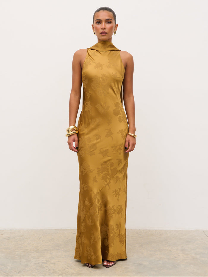 Tina is 5'6" & Wears Size UK 8|Lethe Drape Scarf Jacquard Maxi Dress - Dark Honey