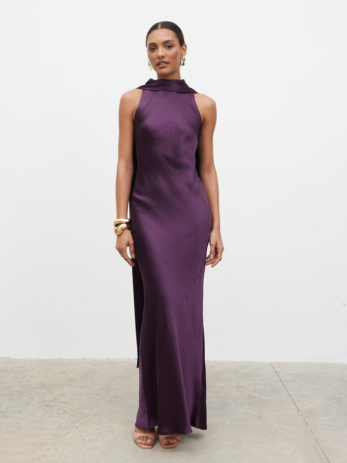 Lana is 5.9.5" & Wears Size UK 8|Lethe Drape Scarf Maxi Dress - Dark Grape