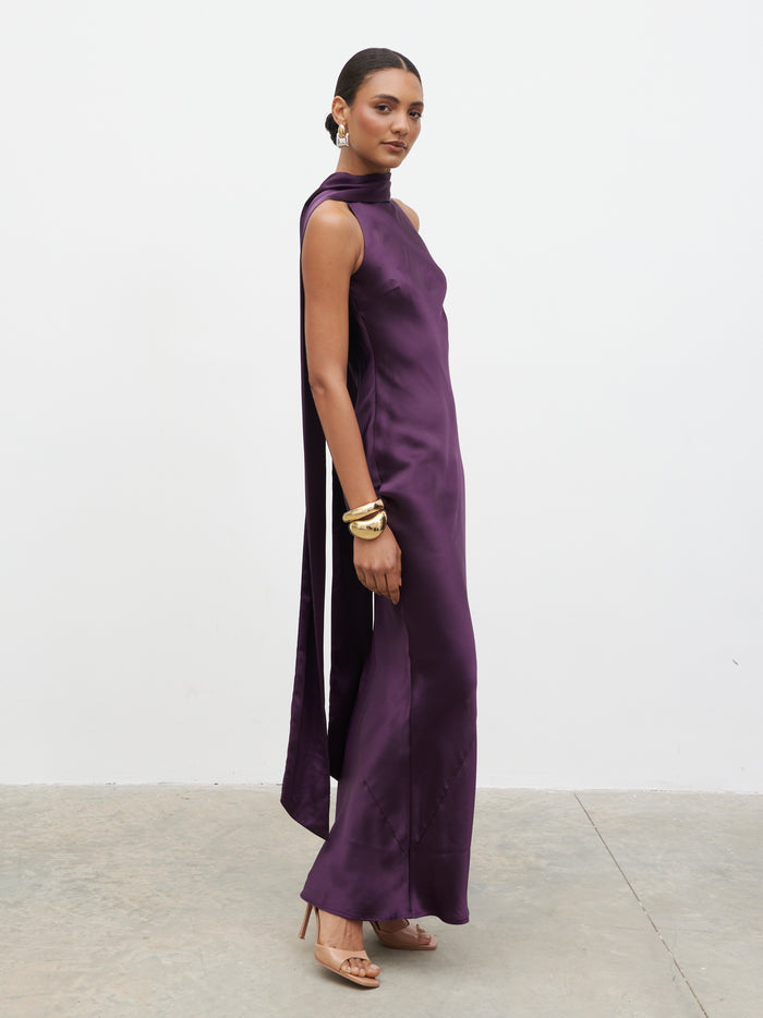 Lana is 5.9.5" & Wears Size UK 8|Lethe Drape Scarf Maxi Dress - Dark Grape