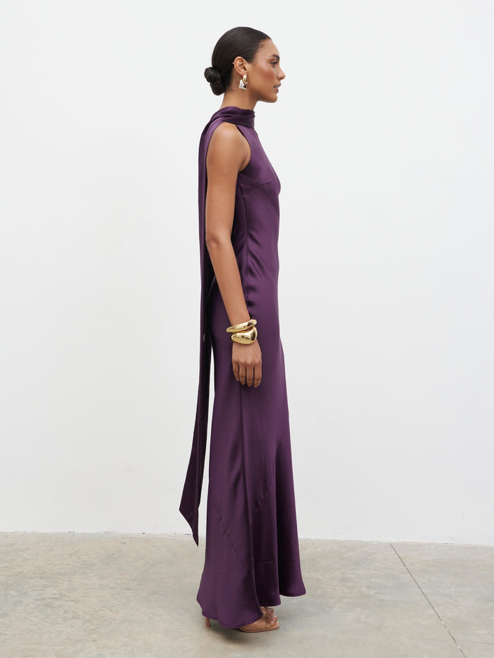 Lana is 5.9.5" & Wears Size UK 8|Lethe Drape Scarf Maxi Dress - Dark Grape