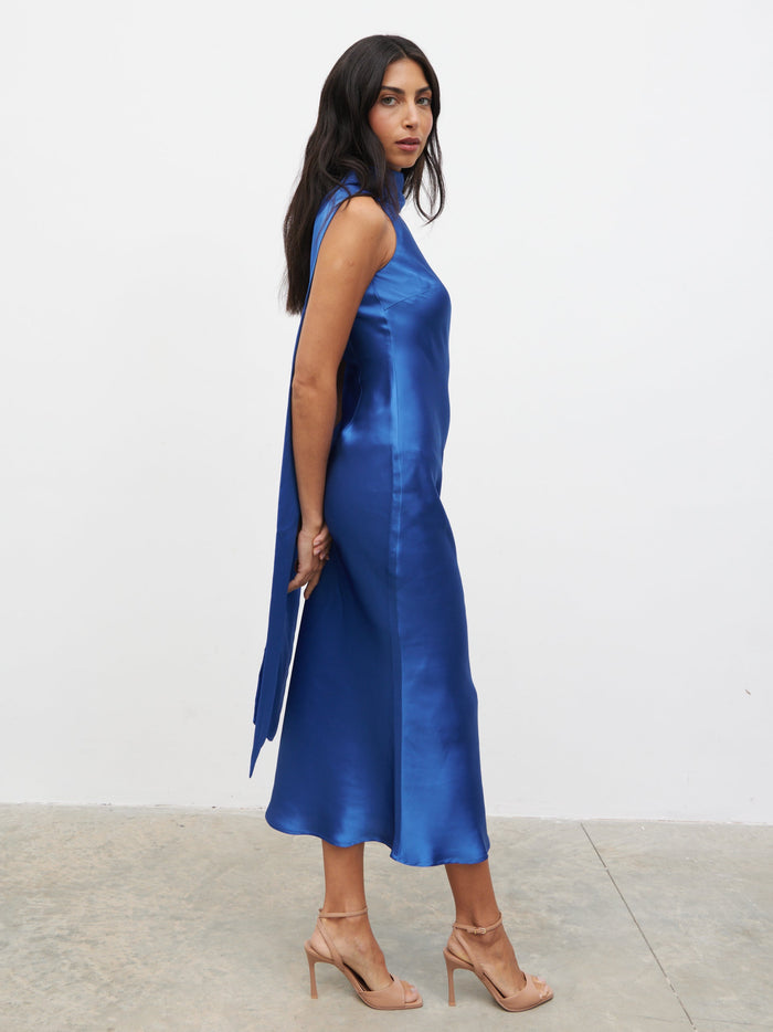 Lygia is 5'9" & Wears Size UK 8|Lethe Drape Scarf Midaxi Dress - Colbalt Blue