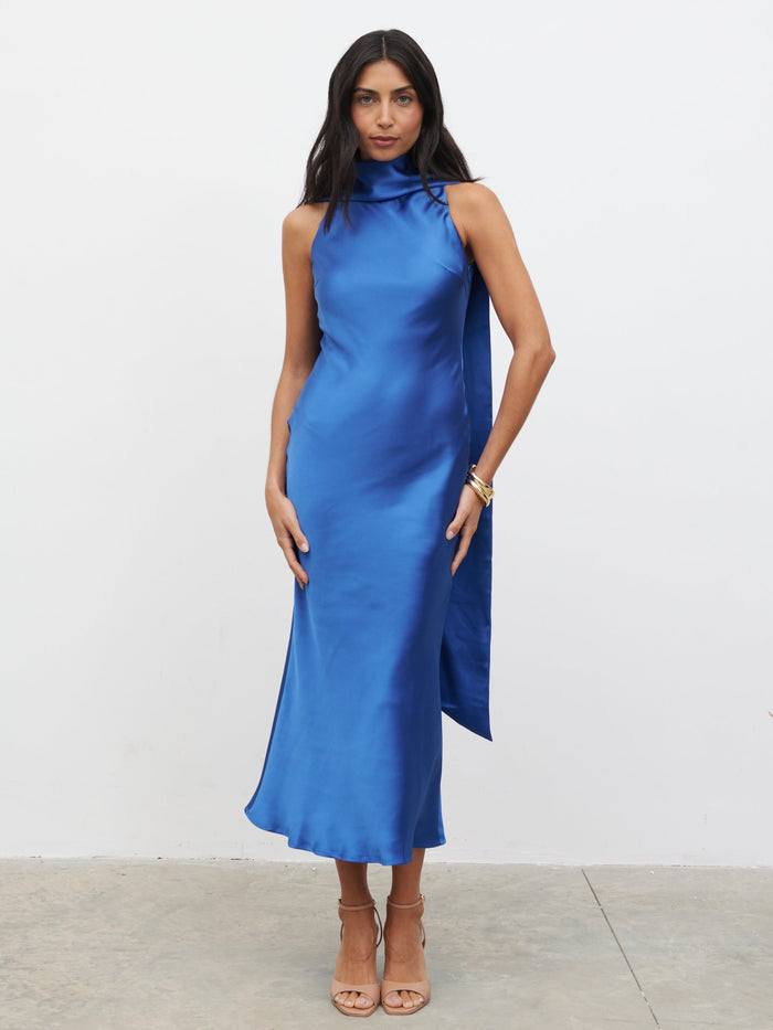 Lygia is 5'9" & Wears Size UK 8|Lethe Drape Scarf Midaxi Dress - Colbalt Blue