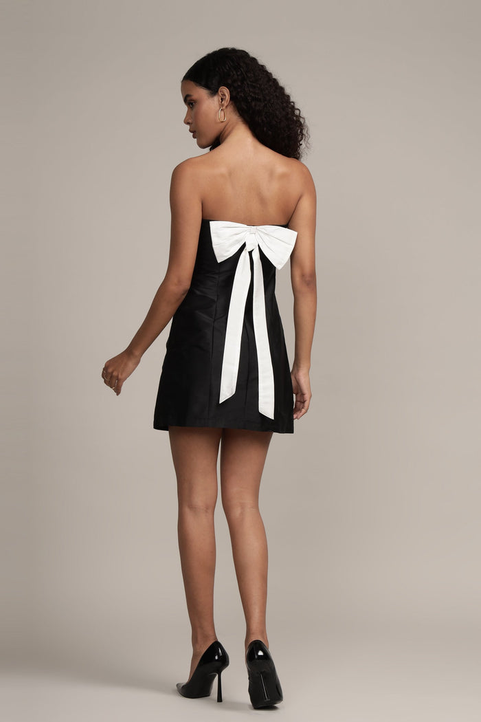 Black and white strapless mini dress bow