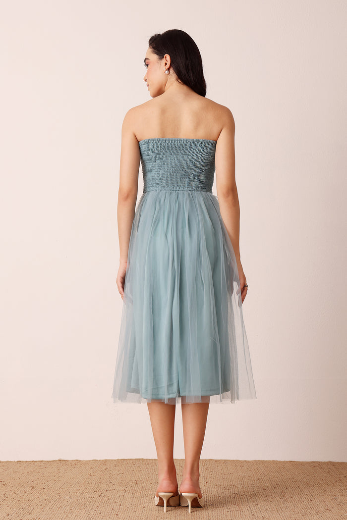 Litzy Tulle Midi Dress in Dusty Blue