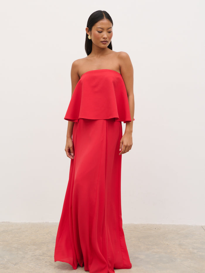 Elle Is 5'3" & Wears Size UK 6|Liv Peplum Bandeau Maxi Dress - Red