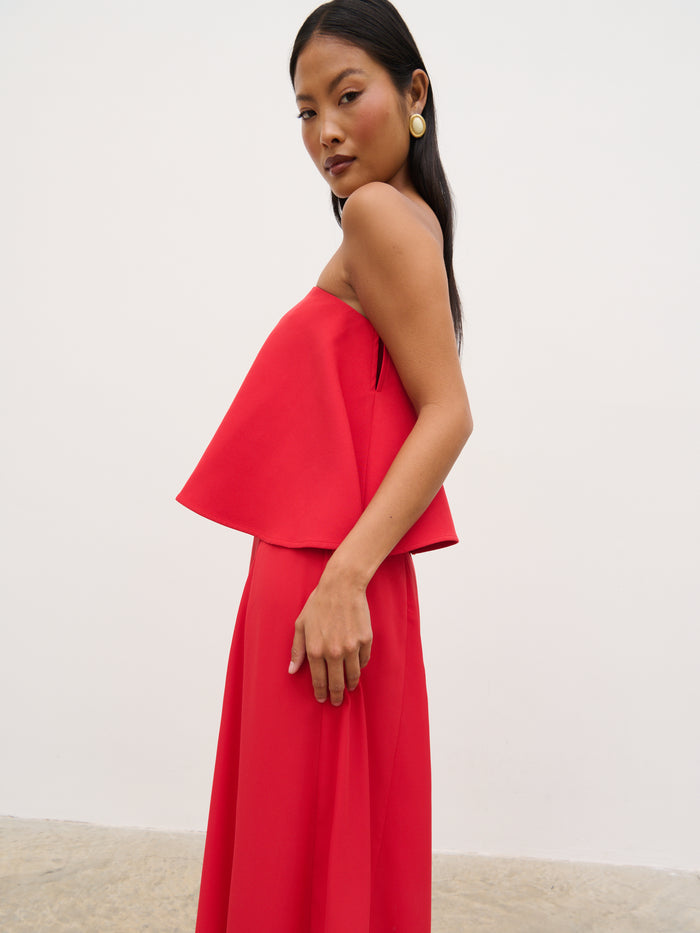 Elle Is 5'3" & Wears Size UK 6|Liv Peplum Bandeau Maxi Dress - Red