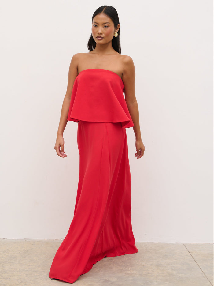 Elle Is 5'3" & Wears Size UK 6|Liv Peplum Bandeau Maxi Dress - Red