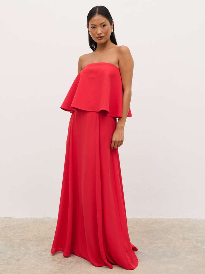 Elle Is 5'3" & Wears Size UK 6|Liv Peplum Bandeau Maxi Dress - Red