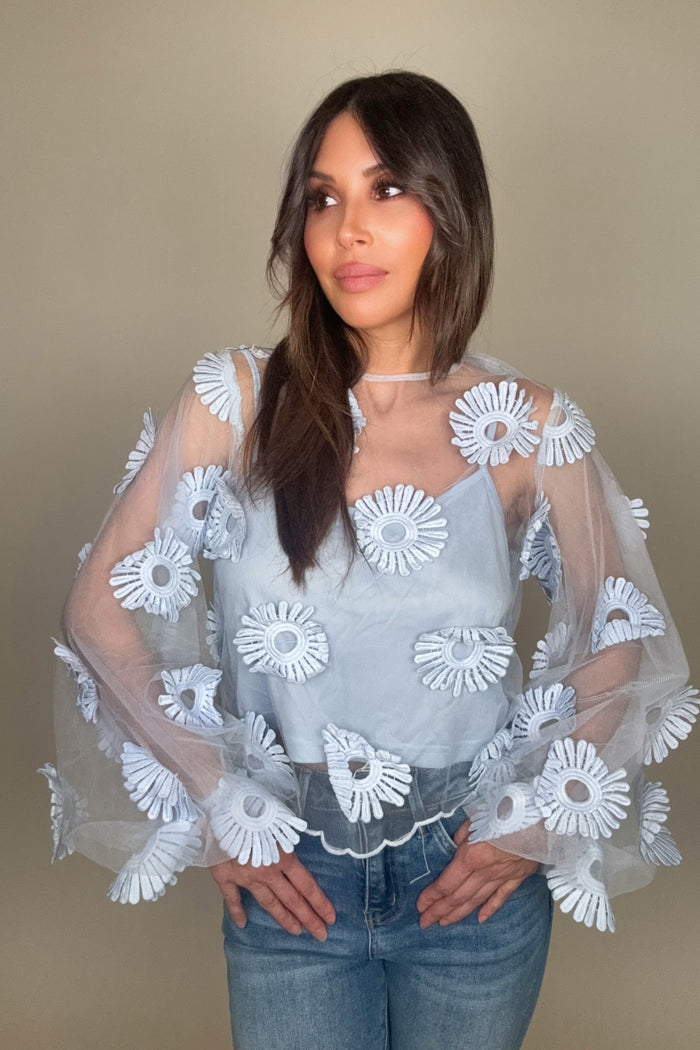 Style the Long Sleeve Floral Applique Tulle Top exclusively at Born To Glam