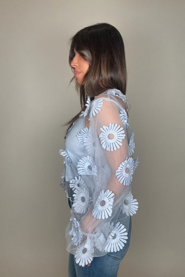 Style the Long Sleeve Floral Applique Tulle Top exclusively at Born To Glam